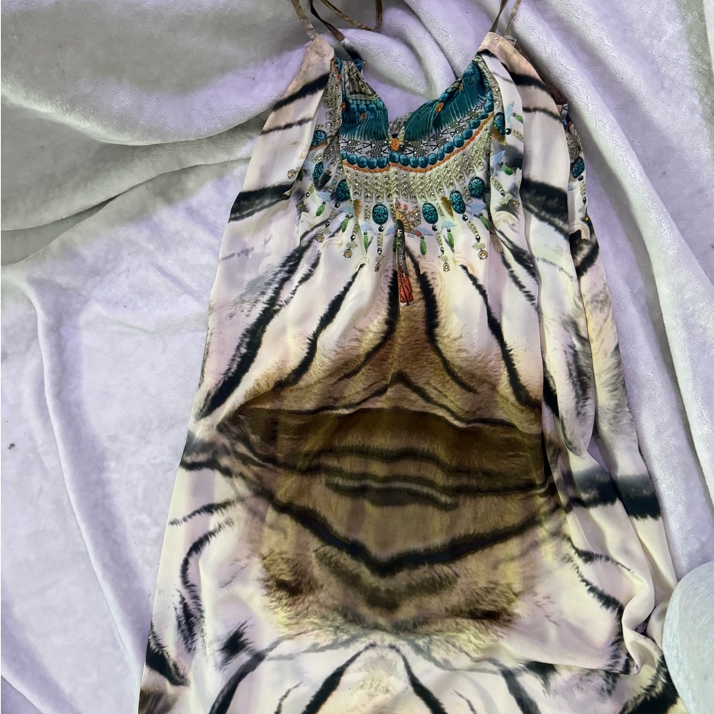 INTERMIX Camilla Printed Maxi Dress in Teal, Orange & Cream w Tiger Tribal Print - Picture 4 of 10